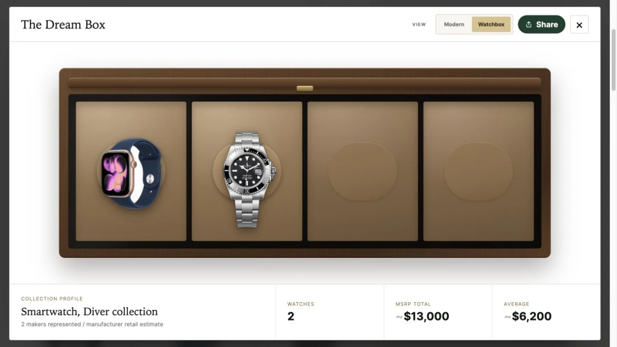 Watch Dreamer showing an Apple Watch and a Rolex Submariner together in a wooden watch box